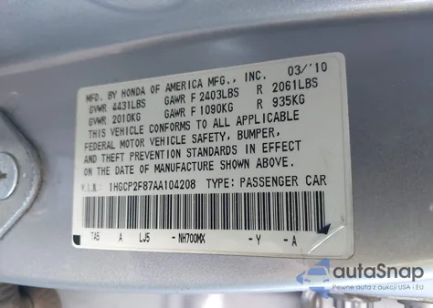 2010 Honda Accord 2.4 Ex-L from USA, damaged, VIN 1HGCP2F87AA104208